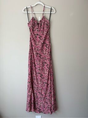VGUC Free People Pink Black Floral Maxi Dress Sz S Halter Keyhole